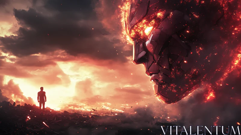 Solitary figure before colossal molten mechanoid visage at dusk