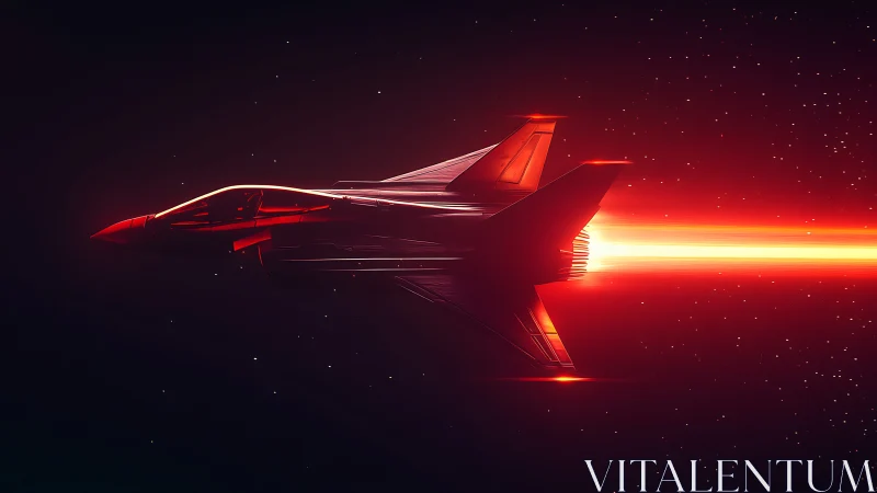 Futuristic red starfighter streaks through glowing deep space.