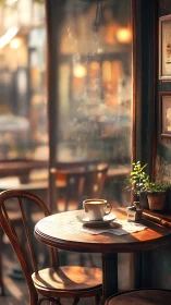 Sunlit caf&eacute; table with coffee cup by a foggy window.