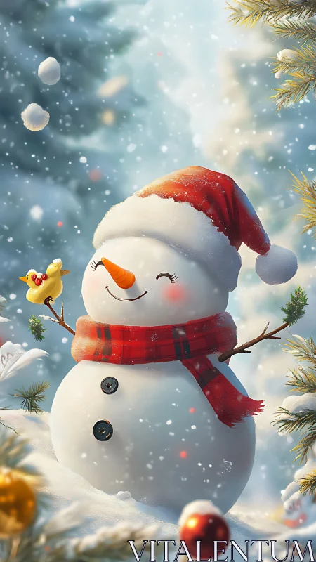 Snowman microclimate portrait with luminous bokeh snowfall.