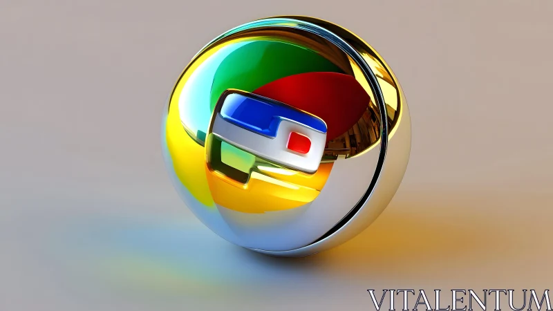 Shiny chrome sphere with colorful abstract design, 3D digital art.