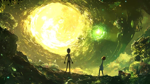 Two explorers gaze into a glowing green portal sky