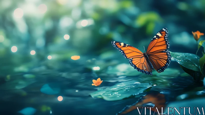 Vibrant Monarch Butterfly Resting on Leaf in Dreamy Nature Scene.