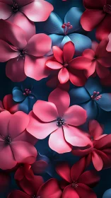 Digital floral composition with pink and blue petals on dark background.
