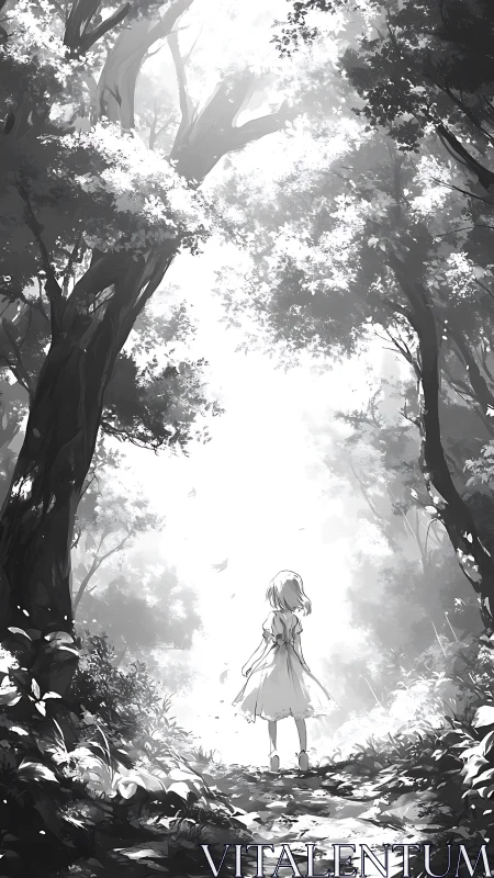 Child in luminous forest clearing under towering trees.