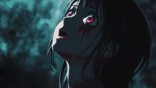 Anime profile of injured girl with glowing red eyes at night.