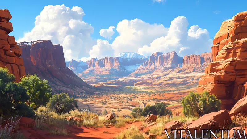 Sunlit red rock canyon with distant snowcapped mesas