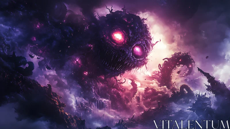 Colossal cosmic horror looms above a storm of violet clouds