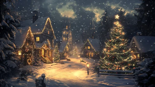 Snowy village glows under magical Christmas lights at night.