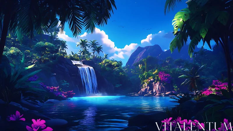 Luminous tropical waterfall lagoon glows beneath vivid skies