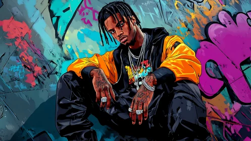 Neon alley poet in blazing jacket amid graffiti storms.