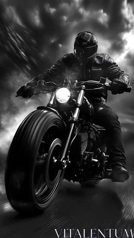 Motorcyclist on wet roadway under overcast dramatic sky.