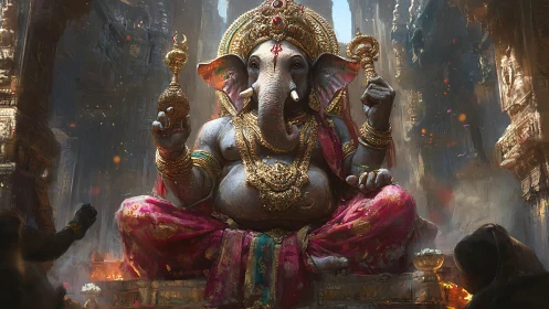 Radiant elephant deity resting amid glowing temple streets.