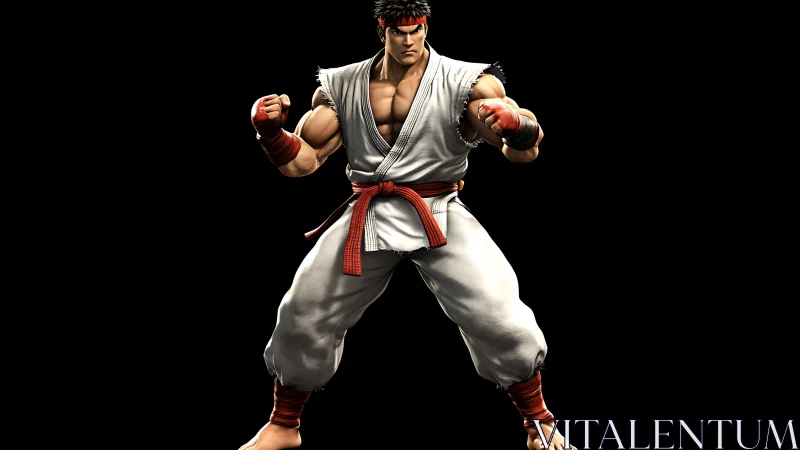 Martial artist coils power in crisp white gi and red focus