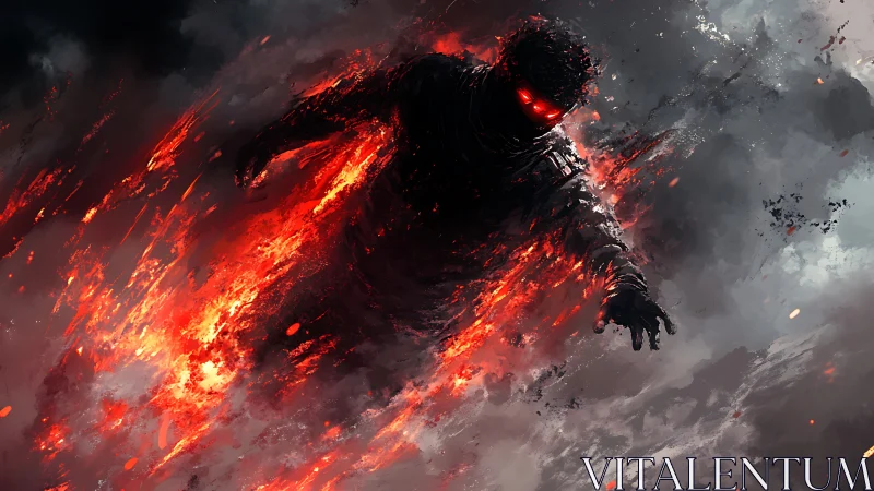 Flaming shadow figure emerges through volcanic storm clouds