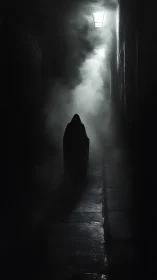 Shrouded figure stalks fog-drenched alley under lantern glow.
