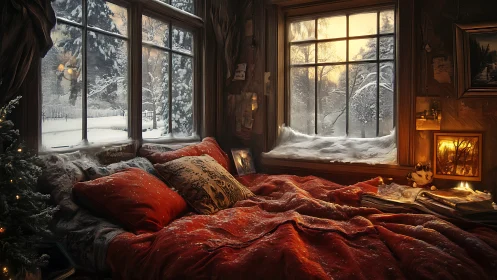 Warm winter bedroom interior contrasts with luminous snowy landscape