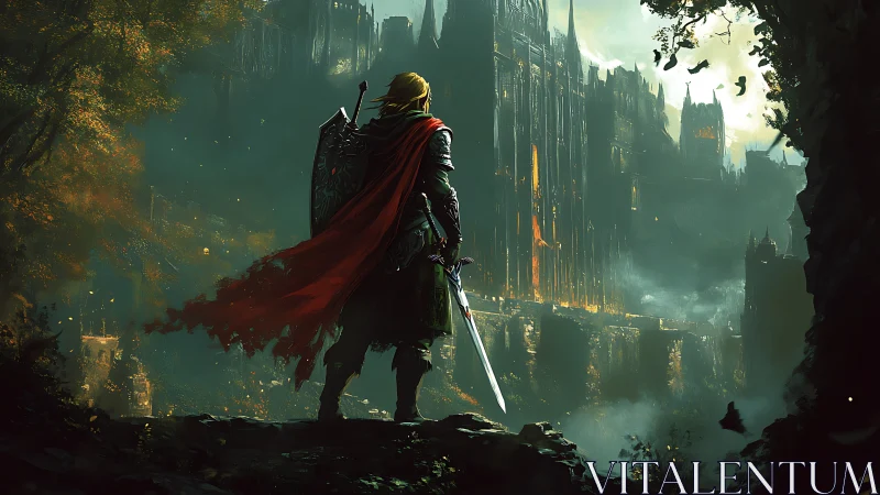 Lone crimson-caped warrior confronting a burning dark citadel.