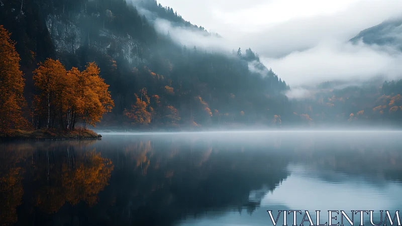 Foggy alpine lake reflects orange autumn trees in still water