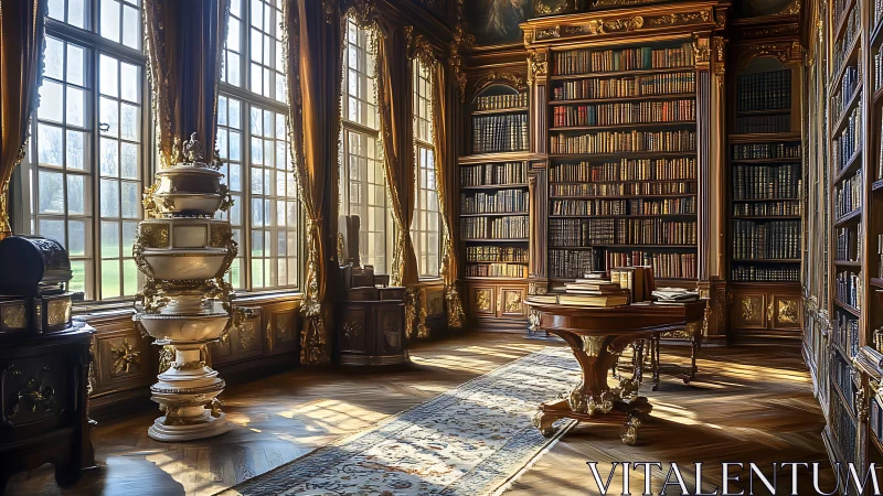 Grand baroque library interior bathed in morning light.