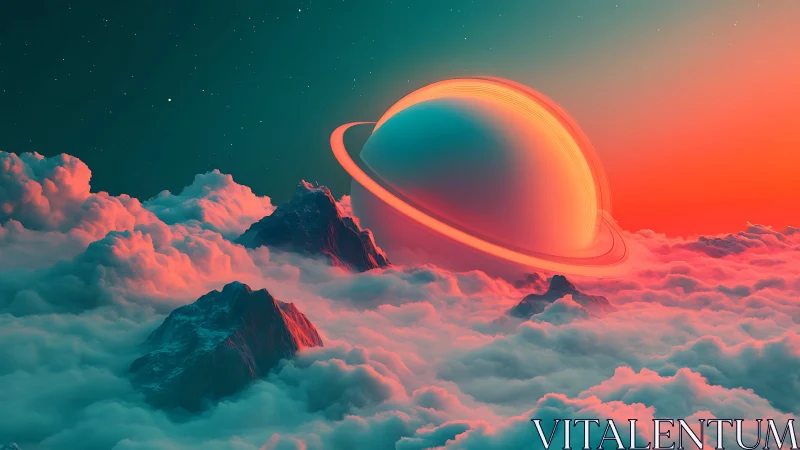 Dreamy ringed planet rising over cotton candy clouds.
