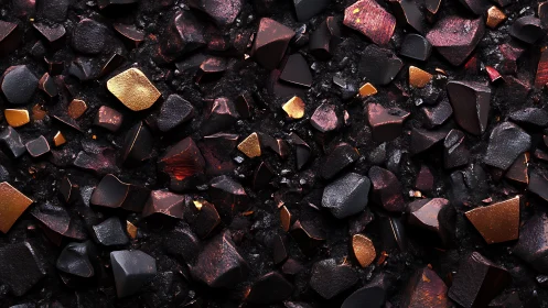Metallic obsidian rock fragments with scattered copper highlights