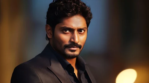 Intense portrait with cinematic bokeh and warm lighting.