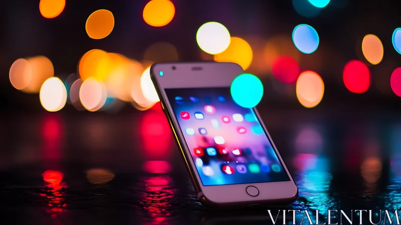 Smartphone displaying app interface with chromatic bokeh light environment and wet reflective surfac