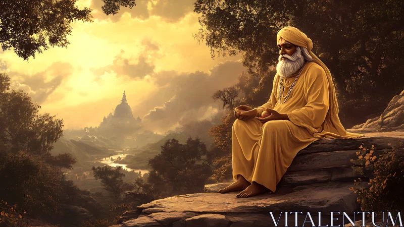 Sunlit sage in contemplative pose above radiant valley temple.