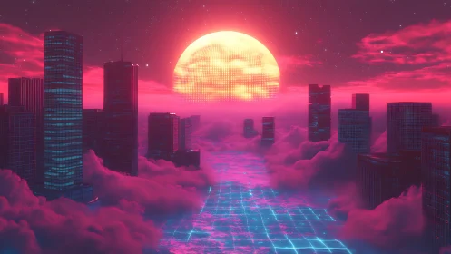 Neon cloudway beneath a pixel sun over sleeping towers.
