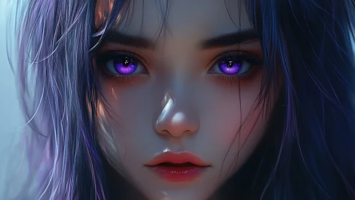 Violet-eyed girl gazes forward in luminous digital portrait.