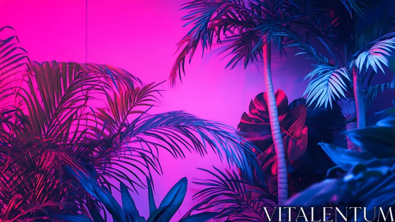 Neon tropical palms under magenta and cyan studio lights.
