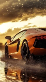 Supercar rear profile in dynamic golden rain reflections.