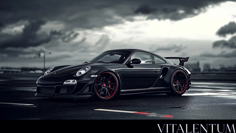 Midnight black sports car poised on a stormy rooftop track.