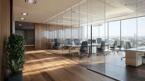 Parametric glass-partition office with panoramic city horizon.