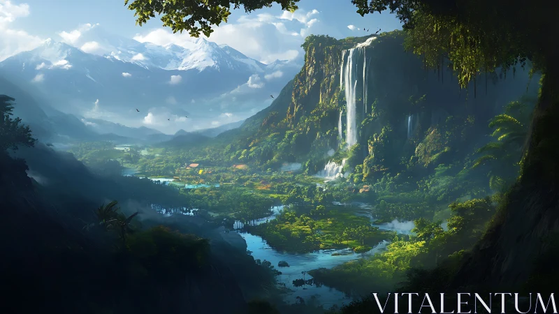 Emerald valley listens quietly to thundering skyfall waters