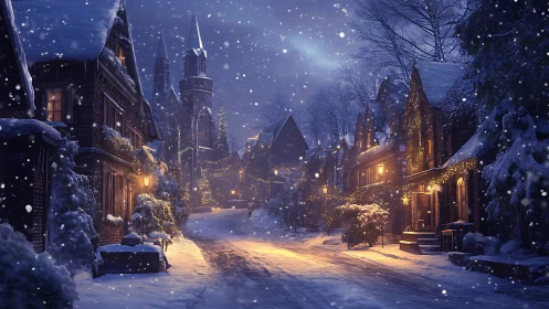 Snowy village street under warm lantern light at night.