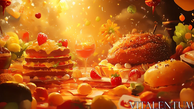 Sunlit feast of glowing pastries, fruit sparks, and dream bread.