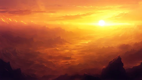 Distant sun above expansive orange desert basin at dusk.