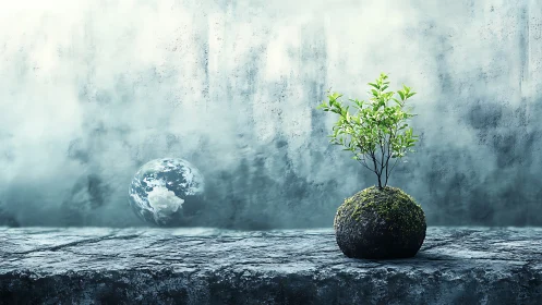 Moss-covered kokedama sapling with Earth sphere on stone plane