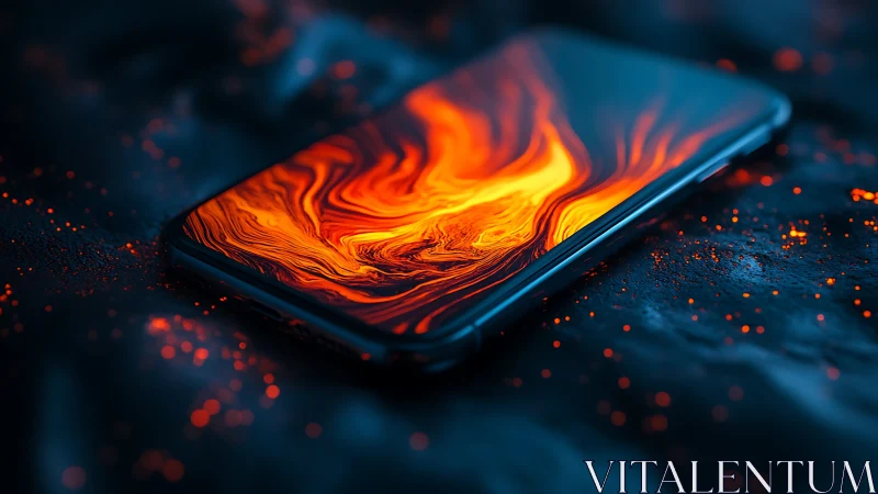 Photorealistic smartphone with molten lava display surface.