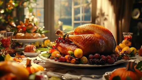 Roast turkey anchors abundant autumn harvest feast scene.