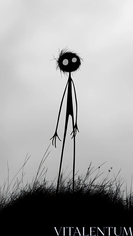 Stick figure silhouette stands over grassy hill in foggy light