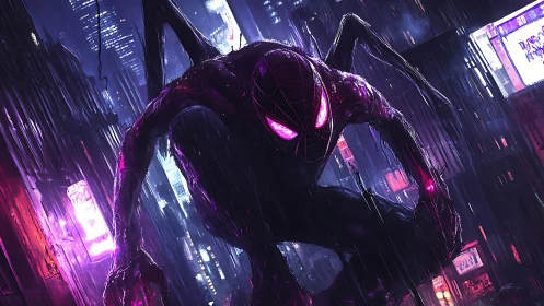 Neon-lit spider hero crouches in a storm-soaked cyber city