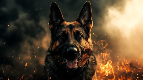 German Shepherd Portrait Engulfed in Dramatic Fire.