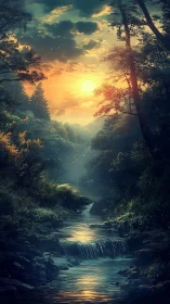 Golden sunset spills over a tranquil forest river gorge
