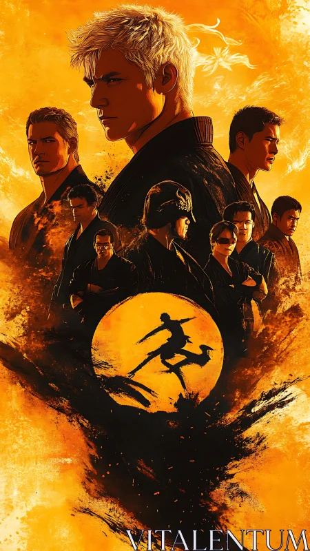 Martial artists framed in orange and black stylized composition