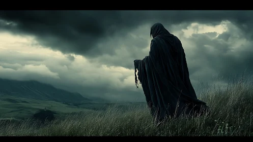 Cloaked wanderer harvests thunder from a brooding valley sky