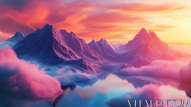 Neon-lit dream peaks rise over misty lake at radiant dawn