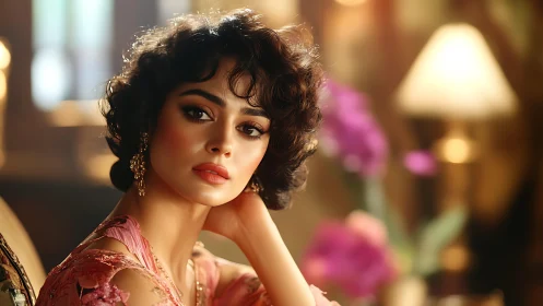 Vintage glam portrait in golden bokeh interior light.